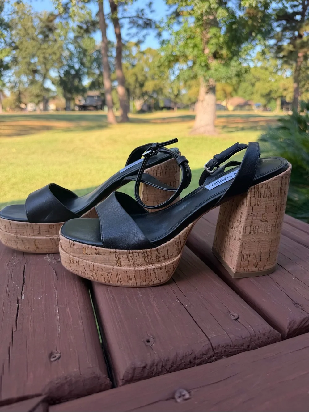 Steve Madden Warped Black Leather Cork Platform Sandals 8.5M $125 Retail